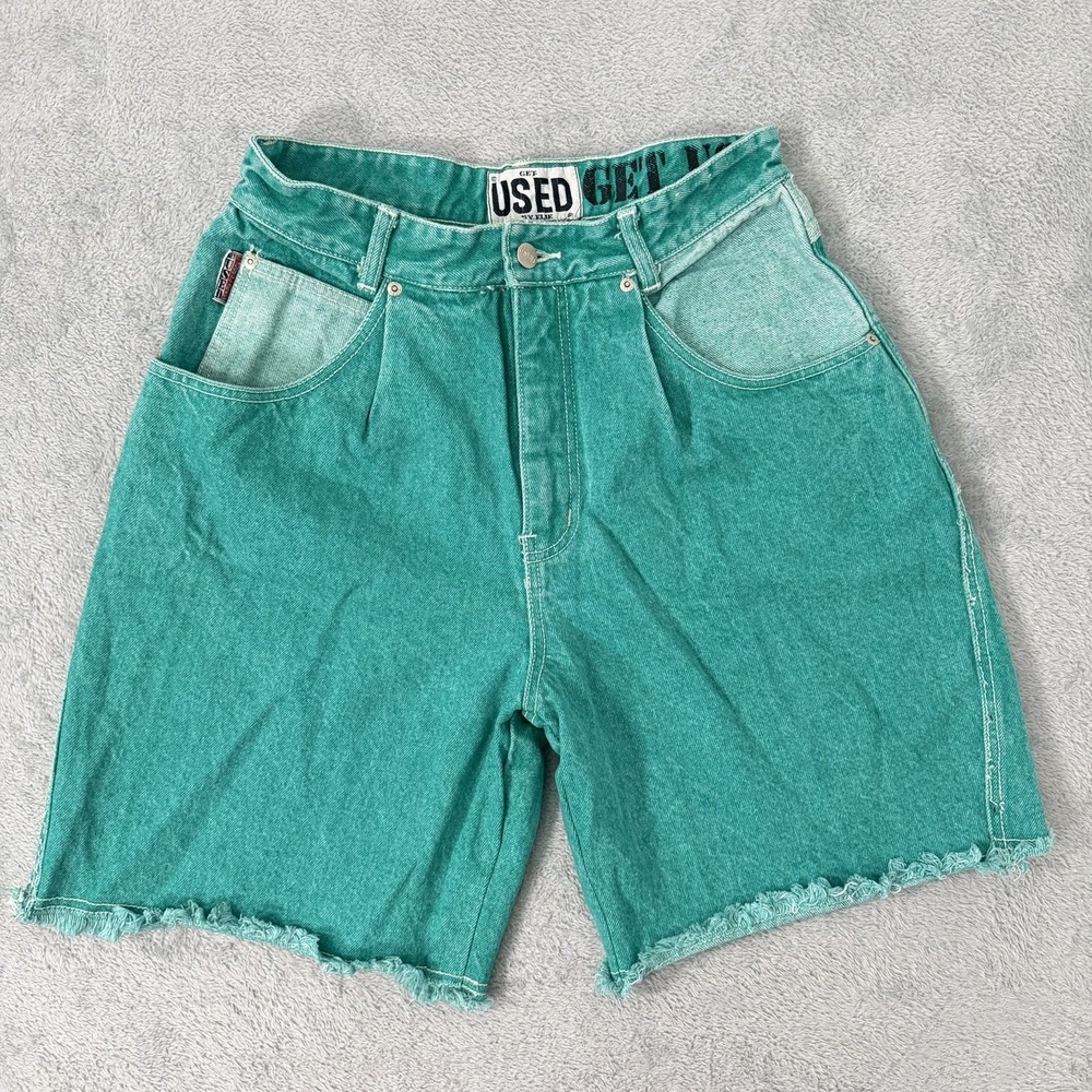 Vintage Get Used By Elie Denim Shorts Womens 31 Teal Acid Wash Fringe Retro Y2K